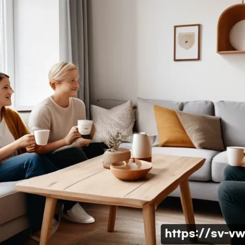Home 32 소비자 심리와 광고 효과 분석 - A cozy Scandinavian living room scene featuring a diverse group of adults enjoying coffee together, ...