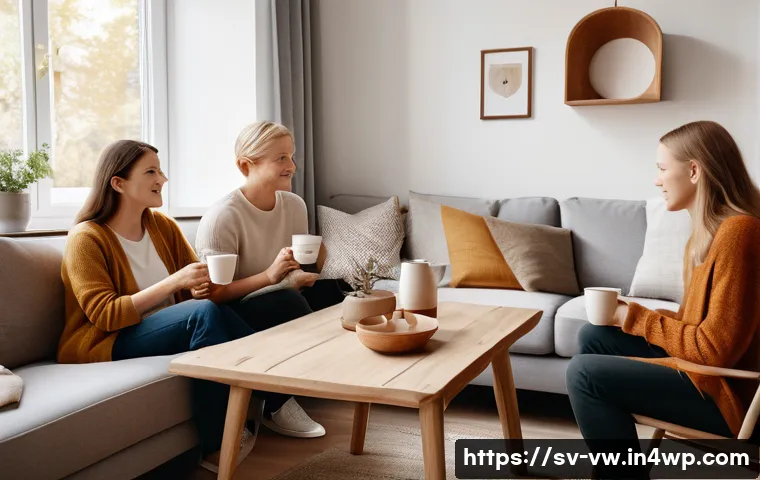 소비자 심리와 광고 효과 분석 - A cozy Scandinavian living room scene featuring a diverse group of adults enjoying coffee together, ...