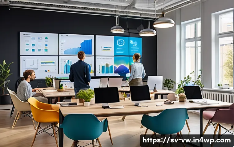 소비자 심리의 변화를 추적하는 방법 - A modern Scandinavian office scene showing a diverse team of marketing analysts collaborating on con...